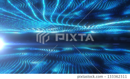 Abstract blue particle waves forming a digital glowing surface with futuristic energy flow 133362311