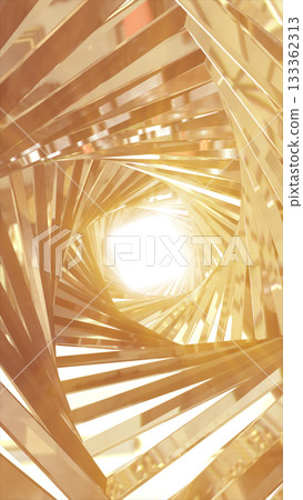 Radiant golden spiral tunnel made of reflective metallic strips forming a bright glowing vortex Radiant golden spiral tunnel made of reflective metallic strips forming a bright glowing vortex 133362313
