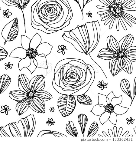 Single Line Hand Drawn Floral Doodle Pattern with Flowers in Contour Style Single Line Hand Drawn Floral Doodle Pattern with Flowers in Contour Style 133362431