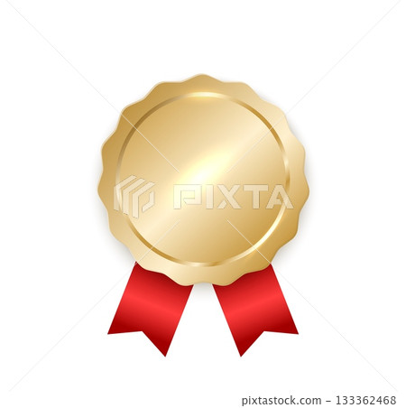 Realistic gold medal with red ribbon, shiny award prize symbol for winner recognition, sports competition, achievement, and honor design. Realistic gold medal with red ribbon, shiny award prize symbol for winner recognition, sports competition, achievement, and honor design. 133362468