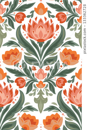 Vector floral pattern with folk style flowers on white background. Decorative seamless texture with stylized flowers and leaves Vector floral pattern with folk style flowers on white background. Decorative seamless texture with stylized flowers and leaves 133362728