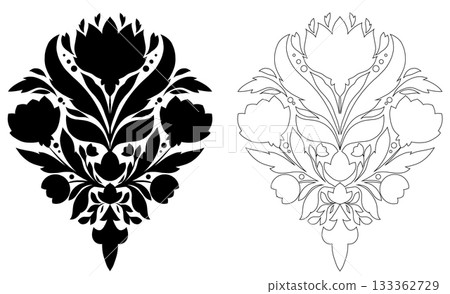 Vector set of monochrome decorative floral composition in folk art style. Collection of black contour flowers with symmetrical design Vector set of monochrome decorative floral composition in folk art style. Collection of black contour flowers with symmetrical design 133362729
