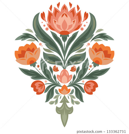 Vector decorative floral composition in folk art style. Orange and green flowers with symmetrical design 133362731