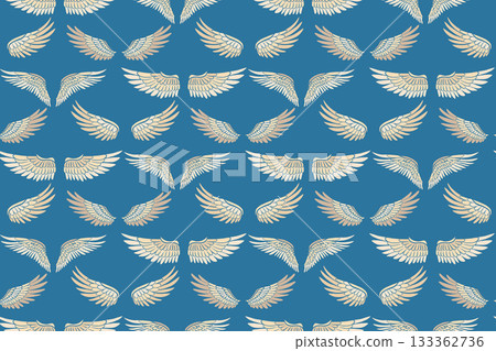 Vector seamless pattern with angel wings on blue background. Texture with cartoon birds wings. 133362736