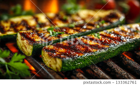 seasoned grilled zucchini halves, with distinct char marks, lie on a dark grill grate 133362761