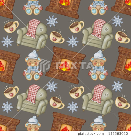 Seamless pattern Winter holidays cozy illustration set. holiday  cute hand drawn on grey background. 133363020