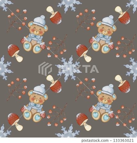 Seamless pattern Winter holidays cozy illustration set. holiday  cute hand drawn on grey background. 133363021