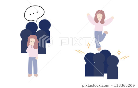 A woman who feels isolated and another woman who joins the group with a smile A woman who feels isolated and another woman who joins the group with a smile 133363209