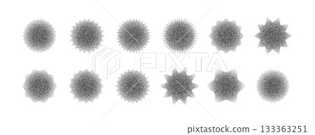 Grain dot spheres with soft gradient and stipple texture. Abstract round shapes with grainy noise, halftone shading and monochrome dust effect. Modern geometric elements for design and collage 133363251