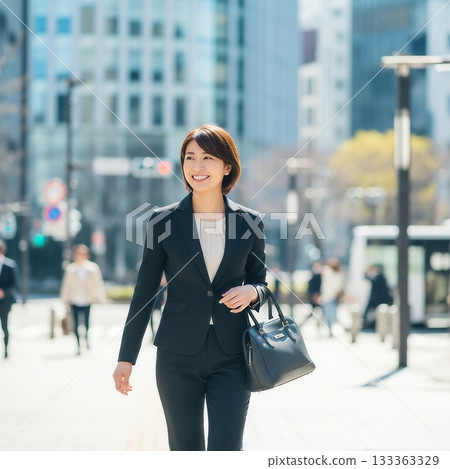 一位年輕的日本女上班族走在辦公區。 133363329
