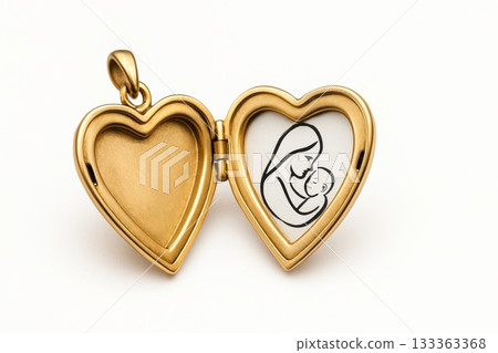 Heart-shaped gold locket with mother and baby illustration inside 133363368