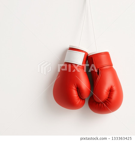Red boxing gloves hanging on white wall for training and fitness 133363425