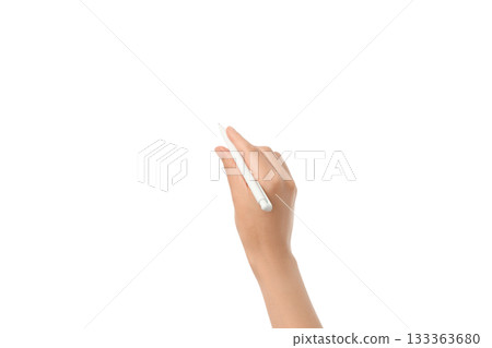 A hand grips a pen above a blank surface, isolated on white, PNG 133363680