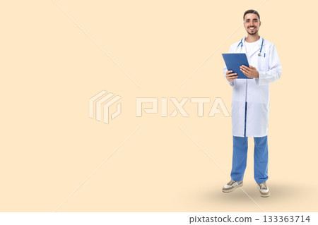 A healthcare professional smiling while holding a clipboard A healthcare professional smiling while holding a clipboard 133363714