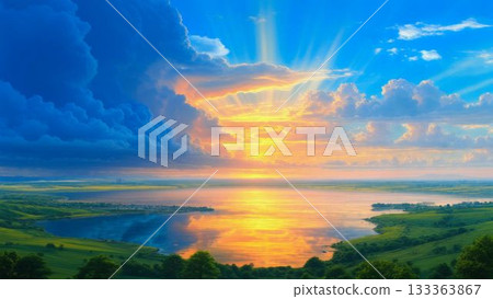 An artistic fantasy landscape with dramatic skies and spreading clouds 133363867