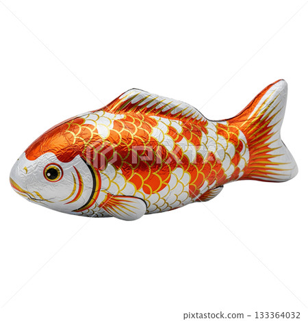Orange and silver foil wrapped chocolate fish candy figurine for a sweet confectionery gift Orange and silver foil wrapped chocolate fish candy figurine for a sweet confectionery gift 133364032