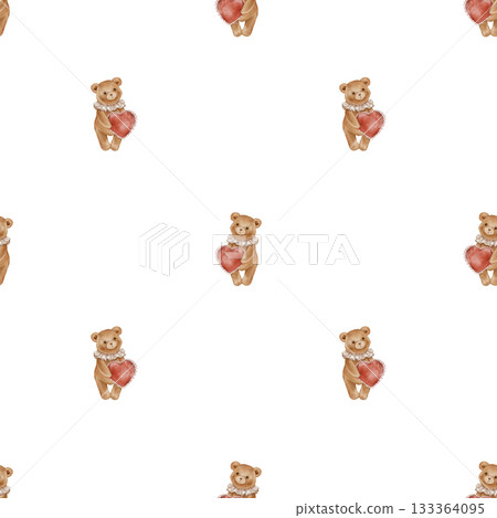 Seamless pattern with Watercolor Cute Teddy Bear Holding Red Heart. Repeat ornament with Valentine Brown bear toy with vintage Jabot collar. Illustration hand drawn on isolated background. 133364095