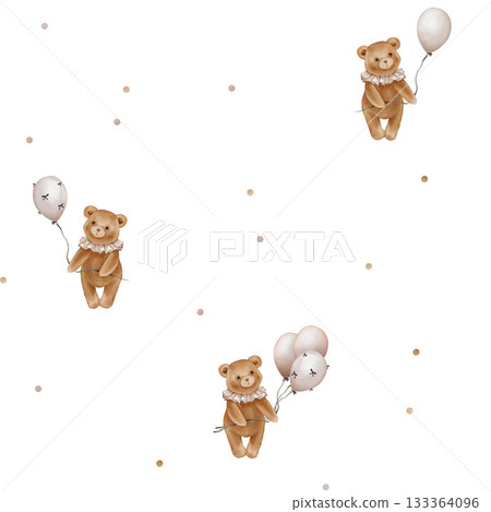 Seamless pattern with Watercolor Cute Teddy Bear Holding balloon. Repeat ornament with Valentine Brown bear toy with vintage Jabot collar. Illustration hand drawn on isolated background. 133364096