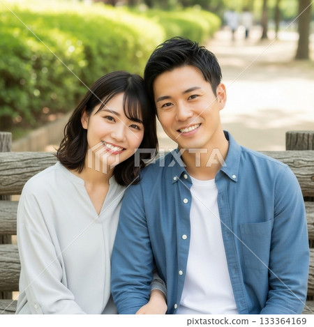 A friendly couple sitting on a park bench A friendly couple sitting on a park bench 133364169