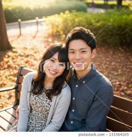 A loving couple sitting on a bench in an autumn park A loving couple sitting on a bench in an autumn park 133364205