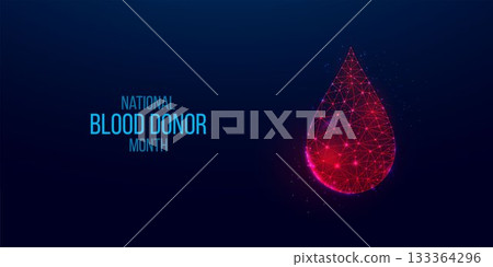 National Blood Donor Month concept. Banner with glowing low poly red blood drop on dark background. Vector illustration. 133364296