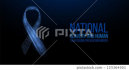 National slavery and human trafficking prevention month concept. Banner with blue ribbon awareness and text. Vector illustration. 133364301