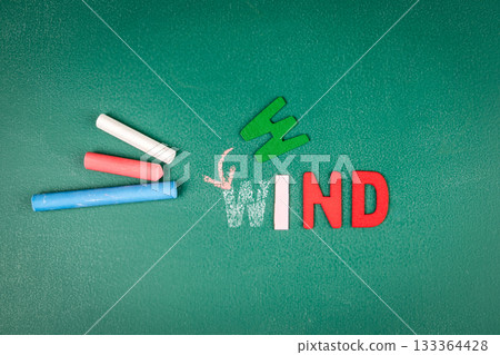 Wind Energy. Colorful Letters and Chalk Drawing on Green Board Wind Energy. Colorful Letters and Chalk Drawing on Green Board 133364428