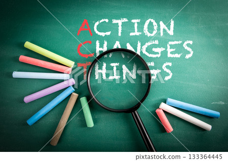 Motivational Phrase Action Changes Things Written on Green Chalkboard with Magnifying Glass and 133364445