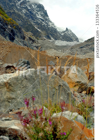 Chalaadi Glacier, ice, glacial flour, moraine, and snow in the Caucasus Mountains. Mestia, Svaneti, Georgia. 133364516