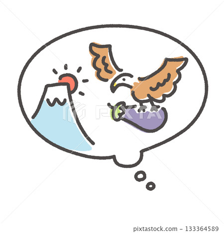 吉祥的初夢:富士山、鷹和茄子。手繪對話框。 吉祥的初夢:富士山、鷹和茄子。手繪對話框。 133364589