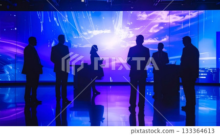 Business people group at a conference table meeting inside an airport office interior 133364613