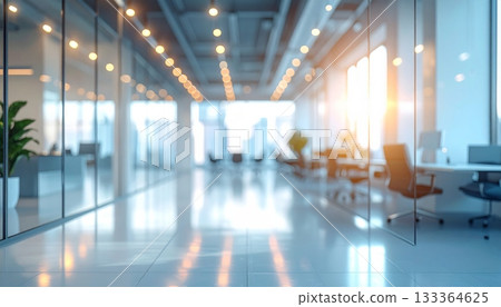 The long glass hallway of a modern office building interior is empty, showing bright light through the window and an architectural design The long glass hallway of a modern office building interior is empty, showing bright light through the window and an architectural design 133364625