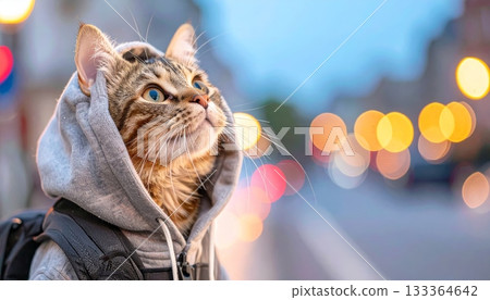 Cute kitten portrait of a young gray tabby cat in the snow with beautiful eyes and whiskers looking at a ball Cute kitten portrait of a young gray tabby cat in the snow with beautiful eyes and whiskers looking at a ball 133364642