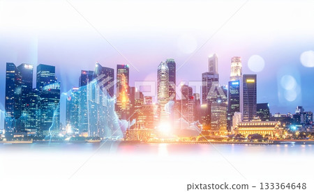 Night cityscape view of a modern urban downtown skyline with illuminated skyscraper buildings and blue sky architecture 133364648