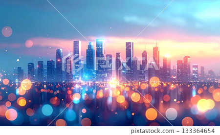 Night cityscape view of a modern urban downtown skyline with illuminated skyscraper buildings and blue sky architecture 133364654