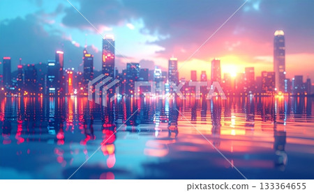 Night cityscape view of a modern urban downtown skyline with illuminated skyscraper buildings and blue sky architecture Night cityscape view of a modern urban downtown skyline with illuminated skyscraper buildings and blue sky architecture 133364655
