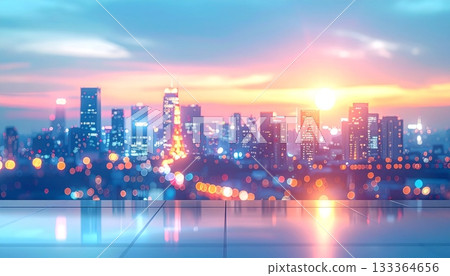 Night cityscape view of a modern urban downtown skyline with illuminated skyscraper buildings and blue sky architecture 133364656
