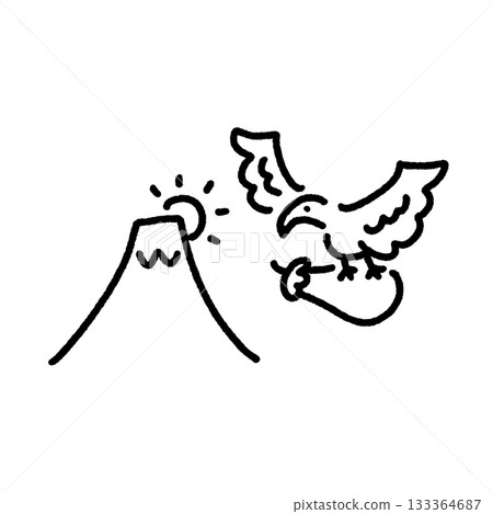 Auspicious first dream: Fuji, a hawk, and an eggplant. Hand-drawn, monochrome. 133364687