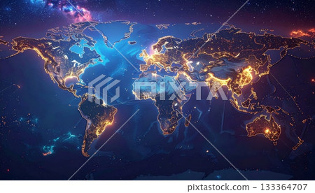 View of the blue planet Earth as a globe in space with the sun's light illuminating the continents and ocean against a black universe of stars 133364707