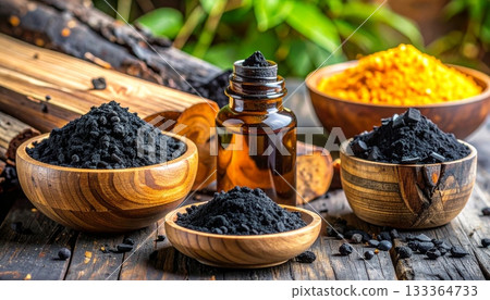 Brown wood market spice cooking ingredients with coffee beans, oil and vinegar, and sugar in nature Brown wood market spice cooking ingredients with coffee beans, oil and vinegar, and sugar in nature 133364733