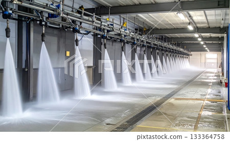 Interior of a modern building with flowing water cascade capturing the motion and power of hydroelectric nature Interior of a modern building with flowing water cascade capturing the motion and power of hydroelectric nature 133364758