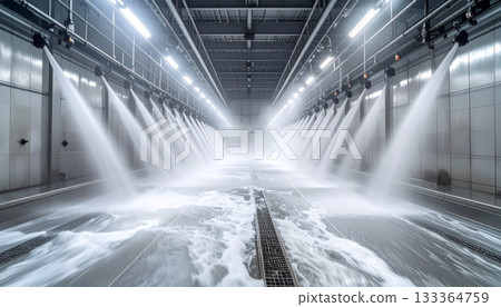 Interior of a modern building with flowing water cascade capturing the motion and power of hydroelectric nature Interior of a modern building with flowing water cascade capturing the motion and power of hydroelectric nature 133364759
