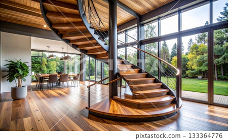 Wooden bridge architecture in the forest over water with railway transportation and urban sky building travel 133364776