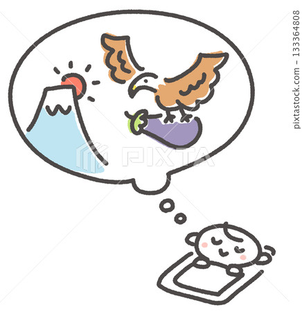 Auspicious first dream of the year: Fuji, a hawk, and eggplant. New Year's materials. 133364808