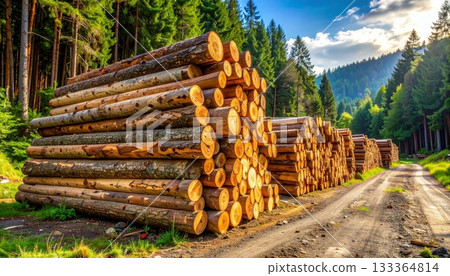 A stack of cut logs and firewood forms a brown woodpile in the forest, showing natural timber texture A stack of cut logs and firewood forms a brown woodpile in the forest, showing natural timber texture 133364814