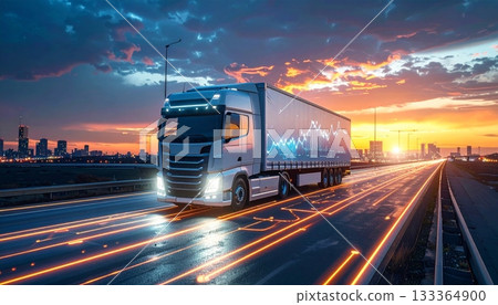 Fast freight train locomotive and cargo cars speeding down the railway tracks at night under the sky 133364900