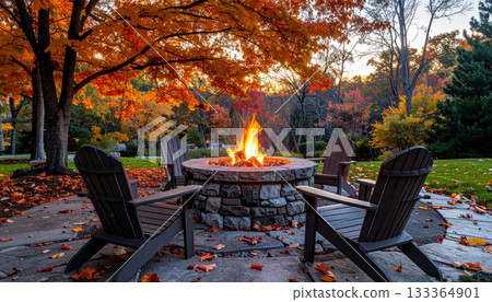 Autumn park furniture set featuring a wooden bench and picnic table under a tree Autumn park furniture set featuring a wooden bench and picnic table under a tree 133364901