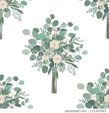 Eucalyptus and roses bouquet seamless pattern. Vector illustration 133364965