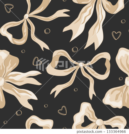 Whimsical Hand Drawn Ribbon Bow Seamless Pattern with hearts. Vector Illustration 133364966