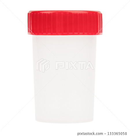 Empty urine test container isolated on white background Empty urine test container isolated on white background 133365058